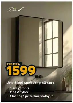 Megaflis Lind Steel speilskap 60 sort tilbud