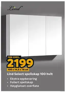 Megaflis Lind Select speilskap 100 hvit tilbud