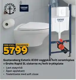 Megaflis Gustavsberg Estetic 8330 veggskål hvit ceramicplus + Grohe Rapid SL sisterne m/hvit trykkplate tilbud