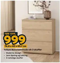 Megaflis Tvilum Nova kommode eik 3 skuffer tilbud