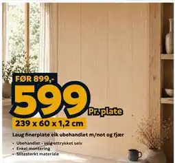 Megaflis Laug finerplate eik ubehandlet m/not og fjær tilbud