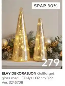 Skeidar Elvy dekorasjon gulfarget glass med led-lys tilbud
