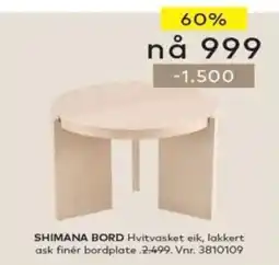 Skeidar Shimana bord hvitvasket eik lakkert ask finer bordplate tilbud