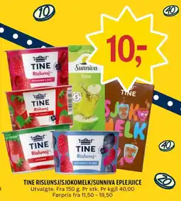 Coop Prix Tine Rislunsj/Sjokomelk/Sunniva Eplejuice tilbud