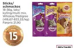 Meny Whiskas/Pedigree Sticks/schmackos tilbud
