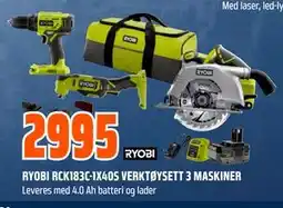 Obs Bygg RYOBI RCK183C-1X40S VERKTØYSETT 3 MASKINER tilbud