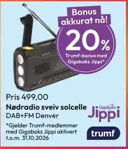Gigaboks Nødradio sveiv solcelle DAB+FM Denver tilbud