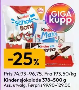 Gigaboks Kinder sjokolade 378–500 g tilbud