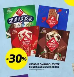 Bunnpris KRONE-IS, SANDWICH TOFFEE OG SØRLANDSIS SJOKOKIRSJ tilbud