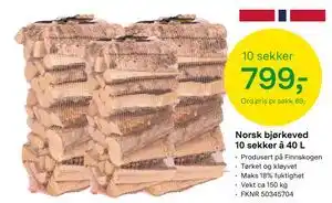 Norsk bjørkeved 10 sekker â 40 L