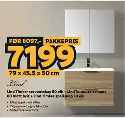 Megaflis Lind Timber servantskap 80 eik + Lind Toulouse servant 80 matt hvit + Lind Timber speilskap 80 eik tilbud