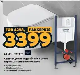 Megaflis Celeste Cyclone veggskål hvit + Grohe Rapid SL sisterne u/trykkplate tilbud