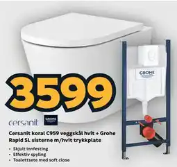Megaflis Cersanit koral C959 veggskål hvit + Grohe Rapid SL sisterne m/hvit trykkplate tilbud