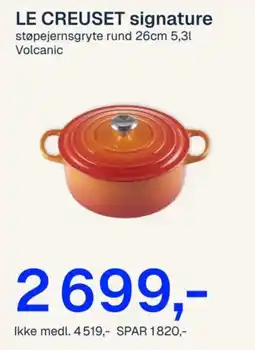 Jernia Le creuset signature støpejernsgryte rund 26cm 5,3l volcanic tilbud
