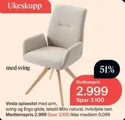 Møbelringen Vinda spisestol med arm, sving og Ergo glide, tekstil Mito natural, hvitoljete ben tilbud