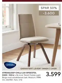 Skeidar STRESSLESS CHILLI LAV SPISESTOL D200 tilbud