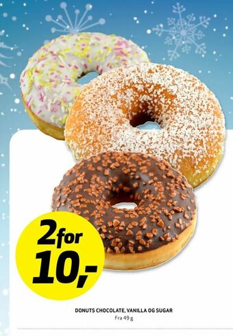 Bunnpris Donuts chocolate, vanilla og sugar tilbud