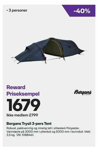 XXL Sport Bergans Trysil 3-pers Tent tilbud