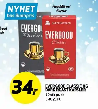 Bunnpris Evergood classic og dark roast kapsler tilbud