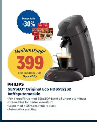 Coop Obs SENSEO® Original Eco HD6552/32 kaffeputemaskin tilbud