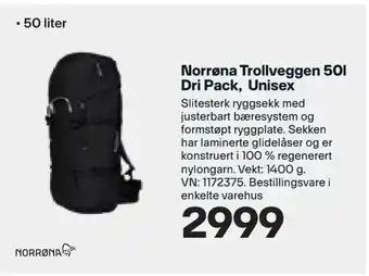 XXL Sport Norrøna Trollveggen 50l Dri Pack, Unisex tilbud