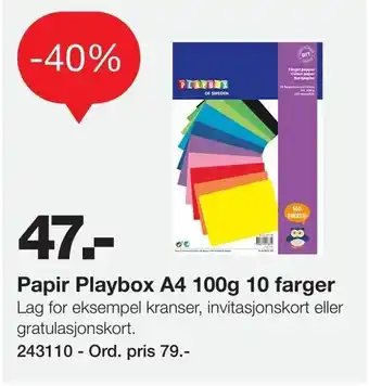 Papir Playbox A4 100g 10 farger