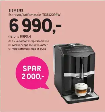 ELON Siemens Espresso/kaffemaskin TI351209RW tilbud