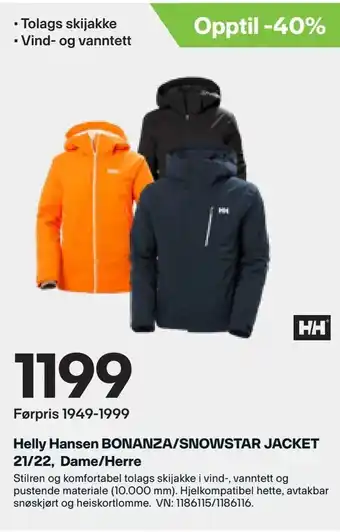 XXL Sport Helly Hansen BONANZA/SNOWSTAR JACKET 21/22, Dame/Herre tilbud