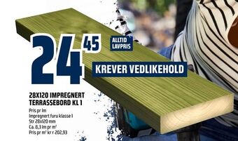 Obs Bygg 28x120 impregnert terrassebord kl 1 tilbud