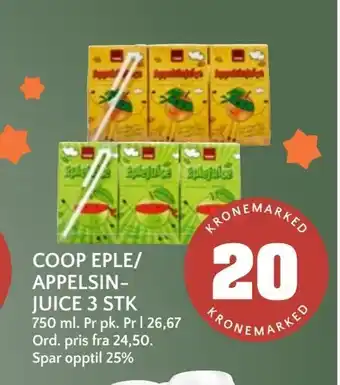 Coop Mega Coop eple/ appelsin- juice 3 stk tilbud