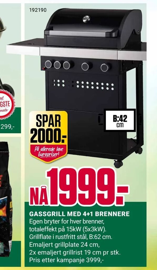Europris GASSGRILL MED 4+1 BRENNERE tilbud
