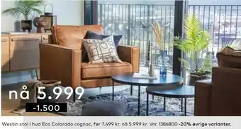 Skeidar Westin stol i hud Eco Colorado cognac, tilbud
