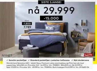 Skeidar Wonderland Sensitive 400 i tekstil Navy, Premium Latex overmadrass og Pillar ben eik med supportleg tilbud