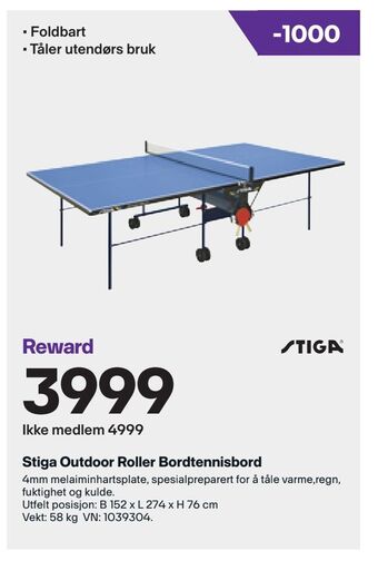 XXL Sport Stiga Outdoor Roller Bordtennisbord tilbud