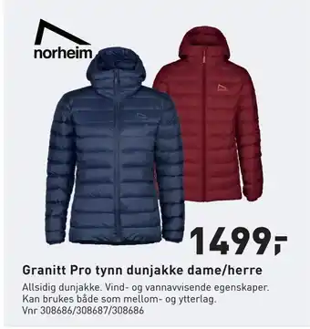 Intersport Granitt Pro tynn dunjakke dame/herre tilbud