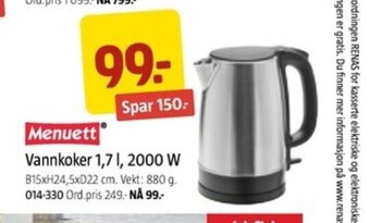 Jula Vannkoker 1,7 l, 2000 W tilbud