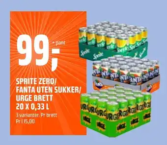 Coop Obs Sprite uten sukker/ fanta uten sukker/ urge brett 20 x 0,33 l tilbud