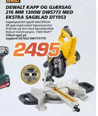Coop Byggmix Dewalt kapp og gjærsag 216 mm 1300w dws773 med ekstra sagblad dt1953 tilbud