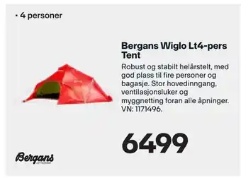 XXL Sport Bergans Wiglo Lt4-pers Tent tilbud