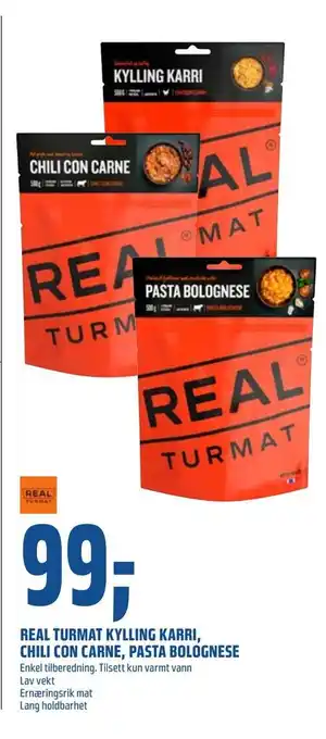 Coop Obs Real turmat kylling karri, chili con carne, pasta bolognese tilbud