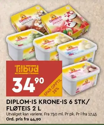 Coop Mega Diplom- is krone- is 6 stk/ fløteis 2 L tilbud