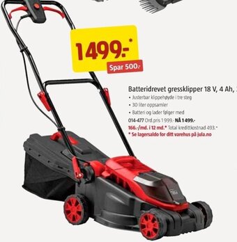 Jula Batteridrevet gressklipper 18 V, 4 ah, 32 cm tilbud