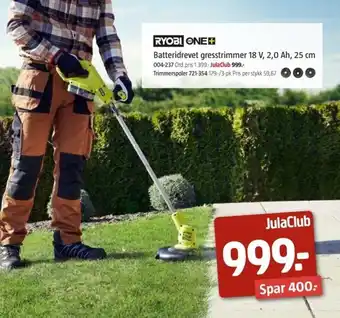 RYOBI ONE batteridrevet gresstrimmer 18 V, 2,0 ah, 25 cm