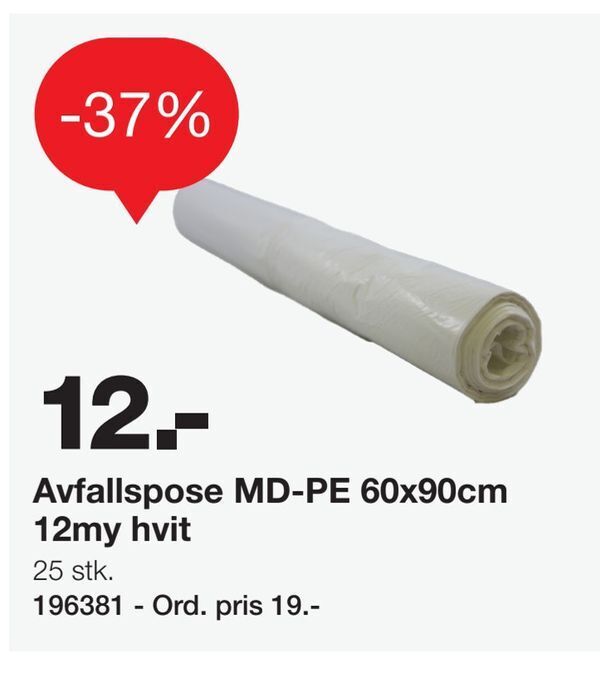 Staples Avfallspose MD-PE 60x90cm 12my hvit tilbud