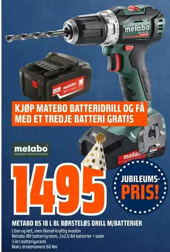 Obs Bygg Metabo bs 18 l bl børsteløs drill m/batterier tilbud