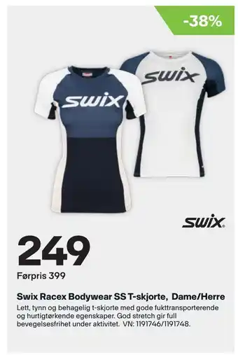 XXL Sport Swix Racex Bodywear SS T-skjorte, Dame/Herre tilbud