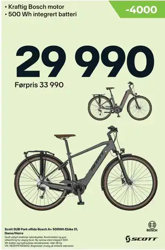 XXL Sport Scott SUB Park eRide Bosch A+ 500Wh Ebike 21, Dame/Herre tilbud