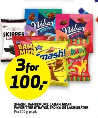 Bunnpris Smash!, bamsemums, laban, nidar favoritter stratos, troika og lakrisbåter tilbud