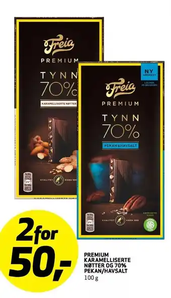 Bunnpris Premium karamelliserte niijtter og 70% pekan/havsalt. tilbud