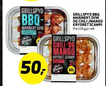 Bunnpris Grillspyd bbq marinert svin og chili-/mango krydret scampi tilbud